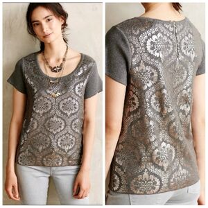 Anthropologie Moth Drawing Room Foil Short Sleeve Sweater Women's XS 100% Cotton